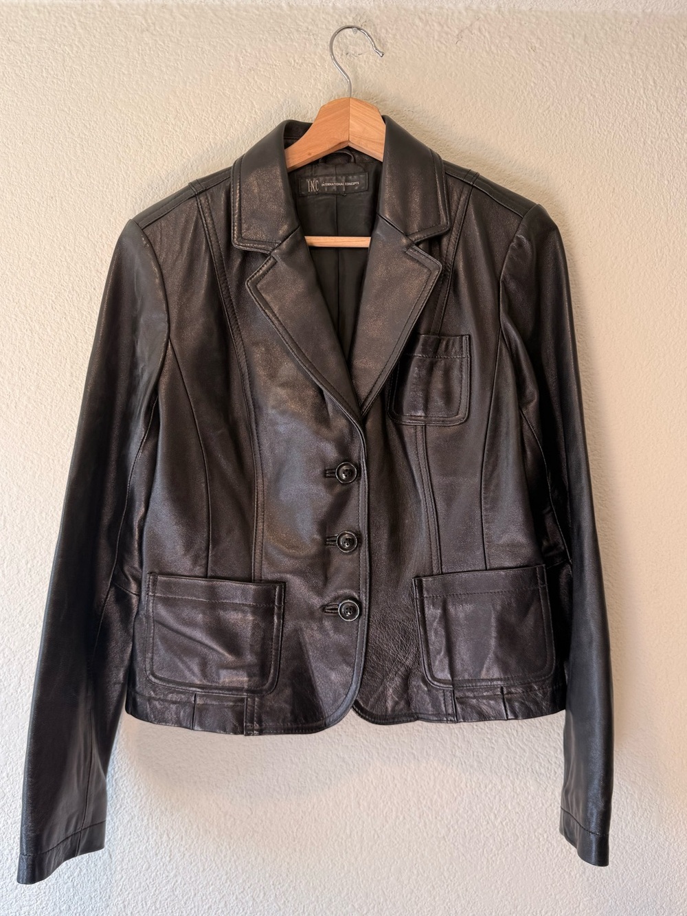 INC Blazer Cut Patch Pocket Button Up Black Leather Jacket